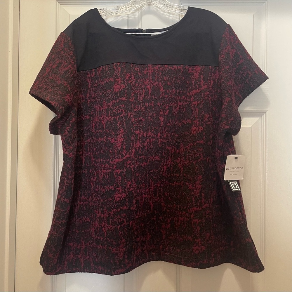 Liz Claiborne Tweed Blouse 2X Black & Burgundy Textured Short Sleeve NWT